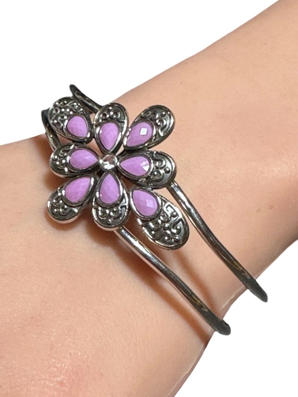 Teardrop Flower Bangle Bracelet Hinged Silver Tone Purple Womens Costume Jewelry